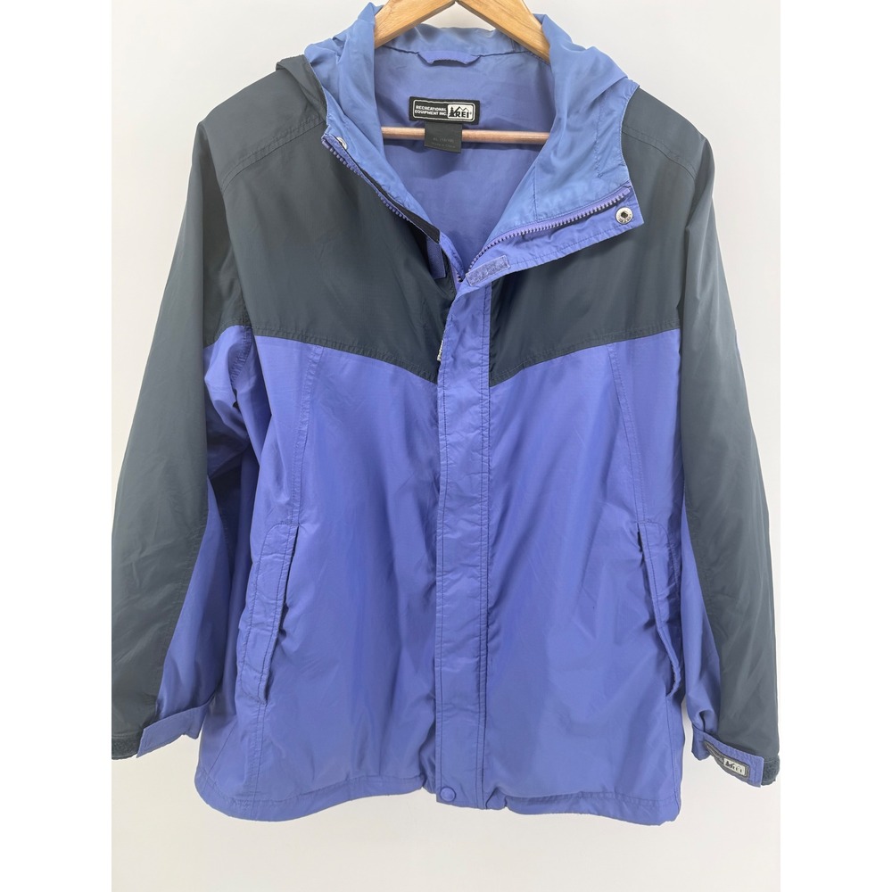 REI Elements Rain Jacket Womens XL Purple Grey Hooded Waterproof Windbreaker